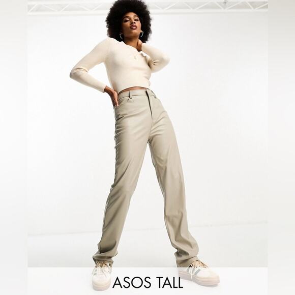 NEW ASOS DESIGN Tall faux leather straight leg pants in tan - Picture 1 of 10